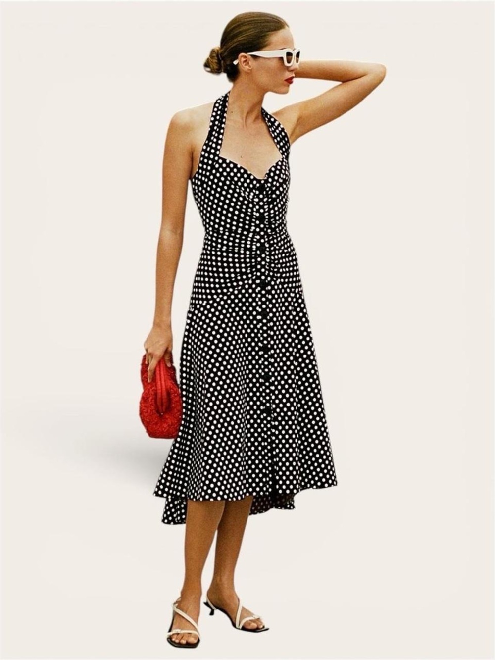 Maeve Black and White Polka Dot One-Shoulder Halter Dress